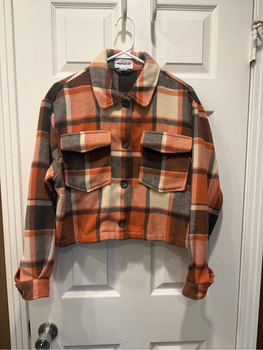 For The Republic Orange Plaid Wool-Blend Cropped Shacket Jacket - Size M
